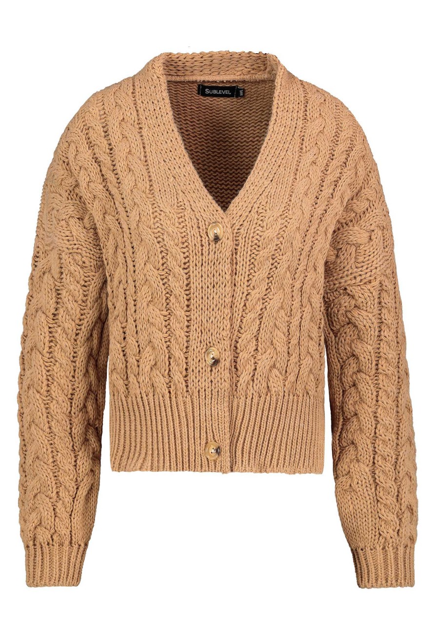 SUBLEVEL Kurzer Grobstrick Cardigan Brown Pullover