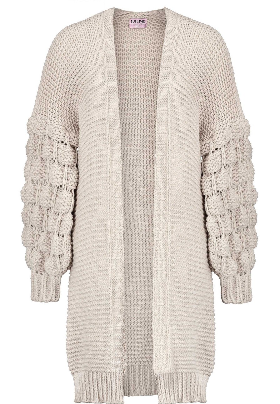 SUBLEVEL Grobstrick Cardigan Mit Bubble Armeln Light Beige Pullover