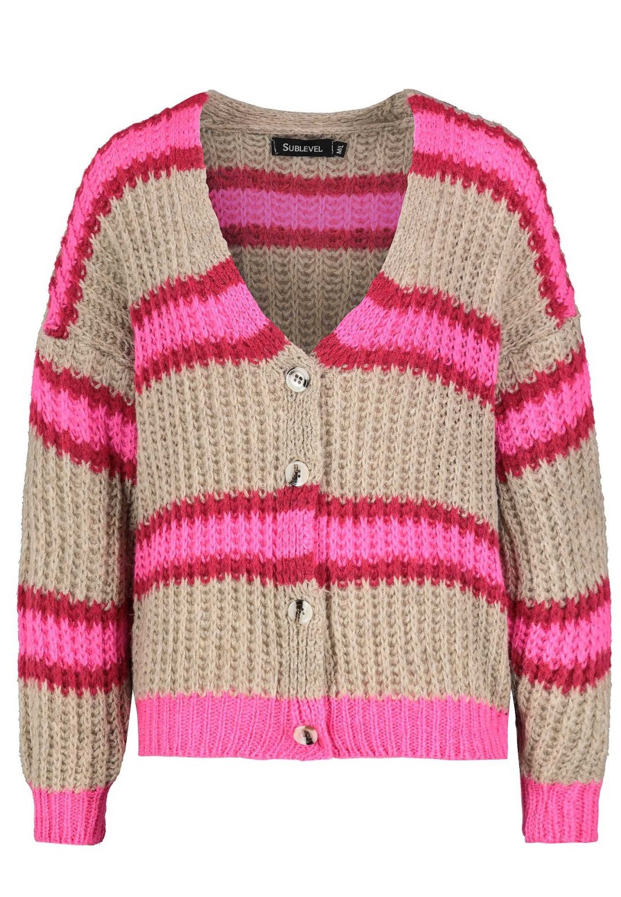 SUBLEVEL Strick Cardigan Gestreift Beige Beliebt