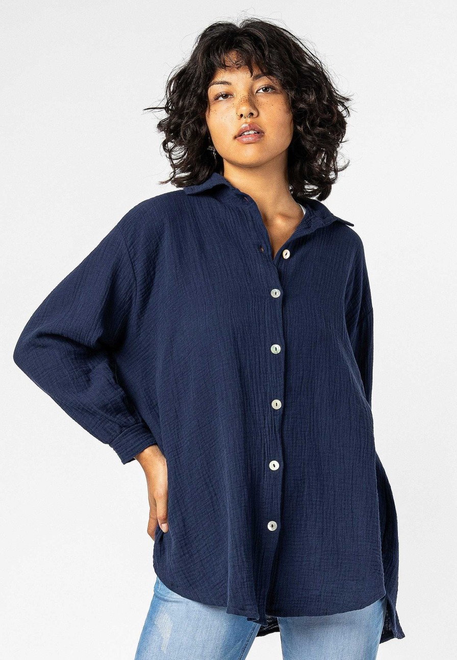 SUBLEVEL Musselin Long-Bluse Dark Blue Beliebt