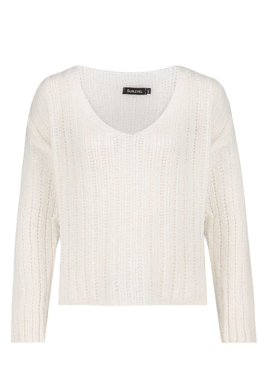 SUBLEVEL Kurzer Strickpullover White Pullover