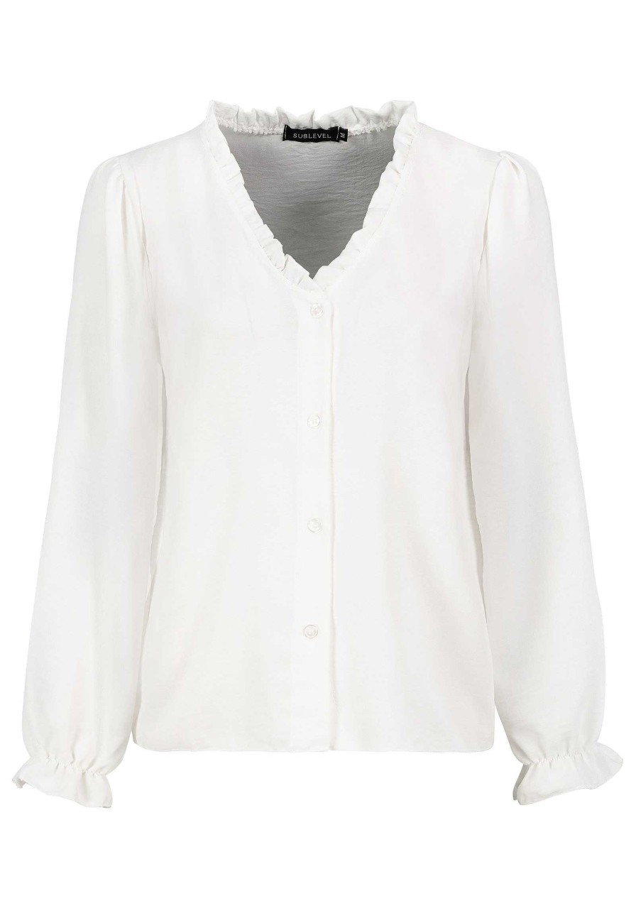 SUBLEVEL Bluse Mit Ruschen White Blusen